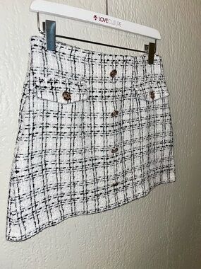 White & Black Tweed Button-Front Mini Skirt SZ- S